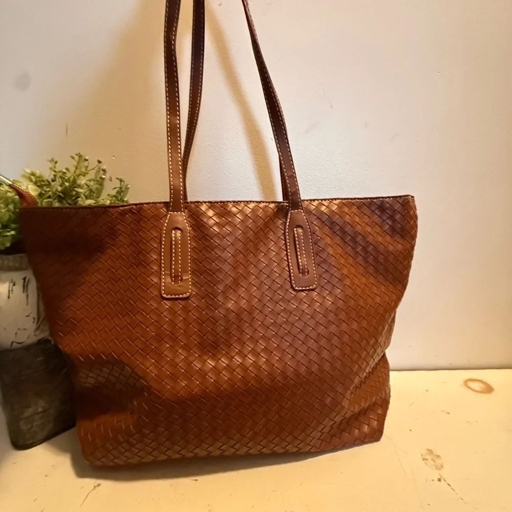 Brown Woven Bag, Vegan Leather Tote Bag Large Summer Beach Travel Handbag NWOT